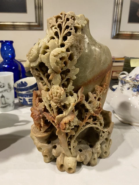 Hand carved Chinese Natural Soapstone Ornate Carving  Flower Vase Vintage