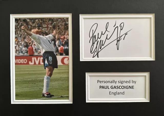 Paul Gascoigne Hand Signed England A4 White Card Display + Proof