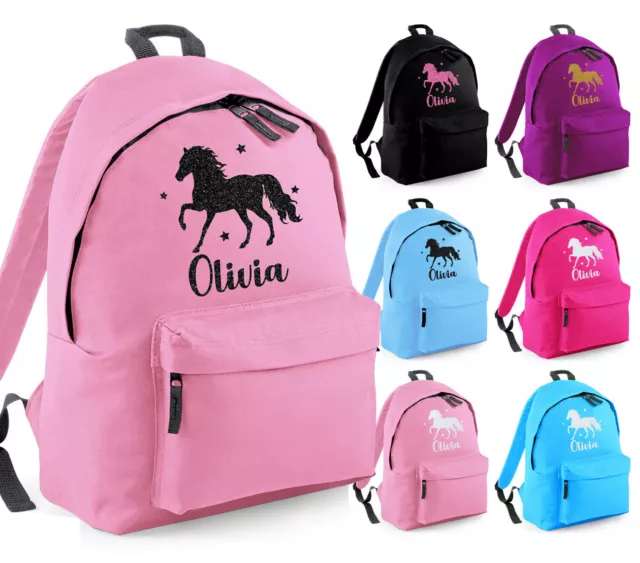 Personalised School Backpack Girls Horse Riding Rucksack Glitter Kids Bag