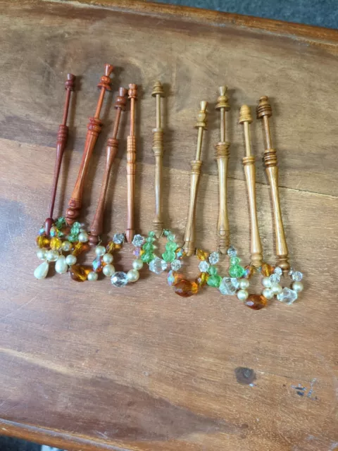 9 Wooden LACE Bobbins with Spangles