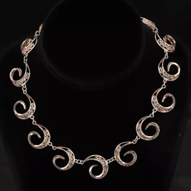 VTG Sterling Silver - ART DECO Spiral Scroll Filigree Link 15.5" Necklace - 25g