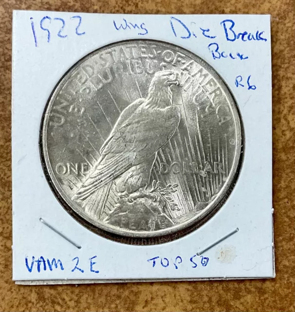 1922 PEACE Silver DOLLAR - VAM 2E2, Die Break Wing, R-6, Top 50  unc