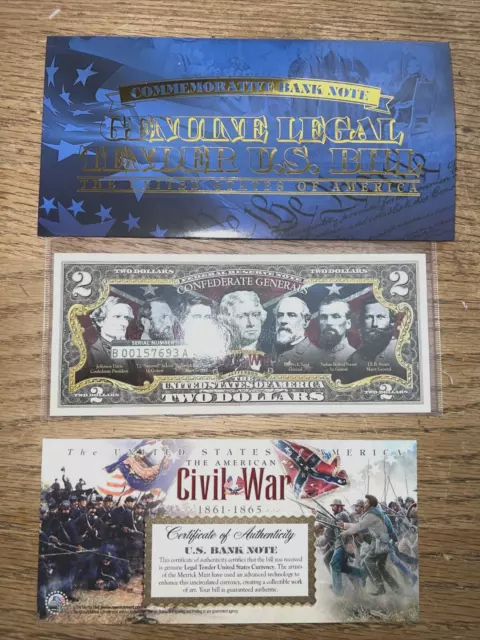 CONFEDERATE GENERALS of the American Civil War $2 U.S. Bills-ENCLOSED IN PLASTIC