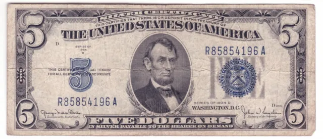 1934 D Five Dollar Bill Blue Seal $5 Silver Certificate