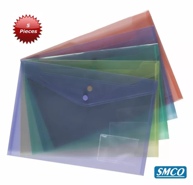 5 PLASTIC POPPER WALLETS Stud Close A4 DOCUMENT FOLDERS Assorted Colours BY SMCO