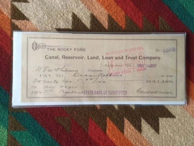 Check- Rocky Ford, Colorado- 1897- Canal, reservoir, Loan,  Land & Trust Co.
