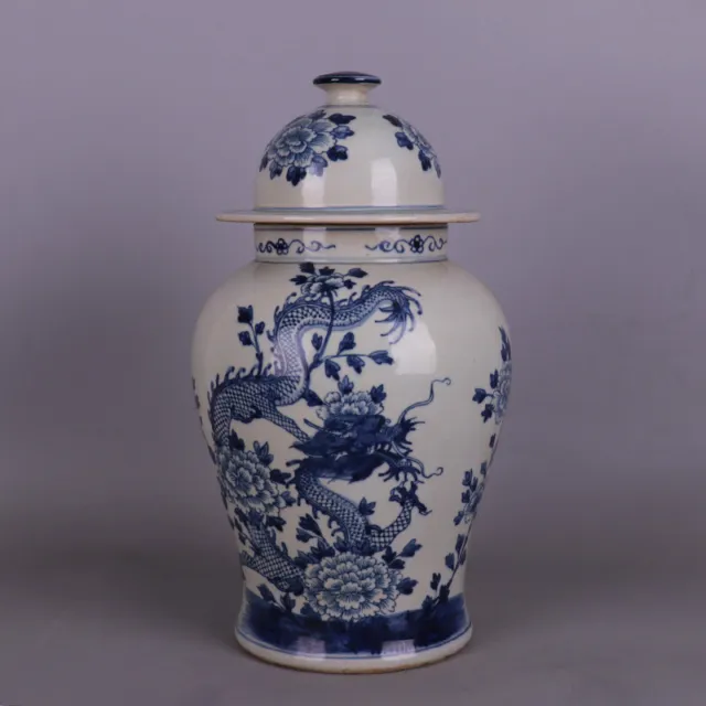 Chinese Porcelain Qing Blue And White Peony Dragon Pattern Tea Caddies 15.35''