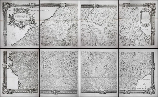 Pyrenees Pirineos Pirinei Pyrenäen Mappa Carte Roussel 1730 Engraving