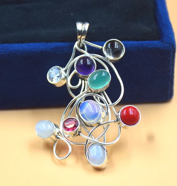 925 Sterling Silver Opalite, Moonstone & Coral & Topaz Gemstone Jewelry Pendant
