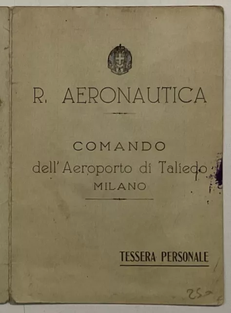 Regia Aeronautica Comando Aeroporto Di Taliedo Tessera Pilota Milano 1930