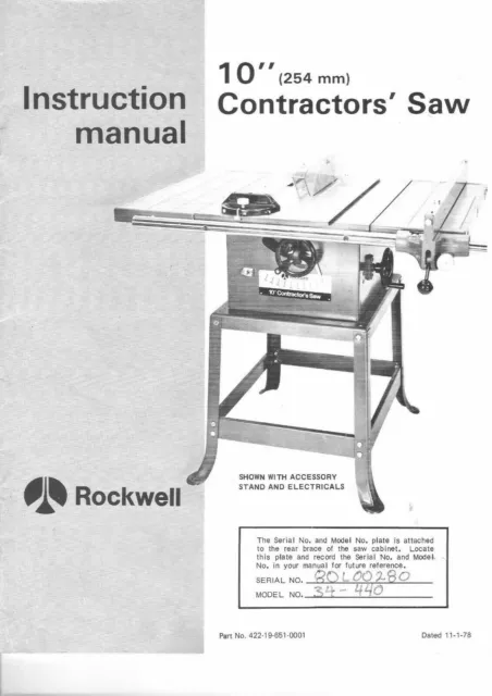 Contractors Saw Instru Maint Manual + Parts 1978 Rockwell-Delta Model 34-440 10