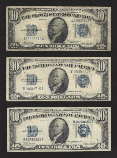 Dealer Lot, $10.00 Silver Certificates, Lot of 5, Series 1934 Notes, Very Fine!