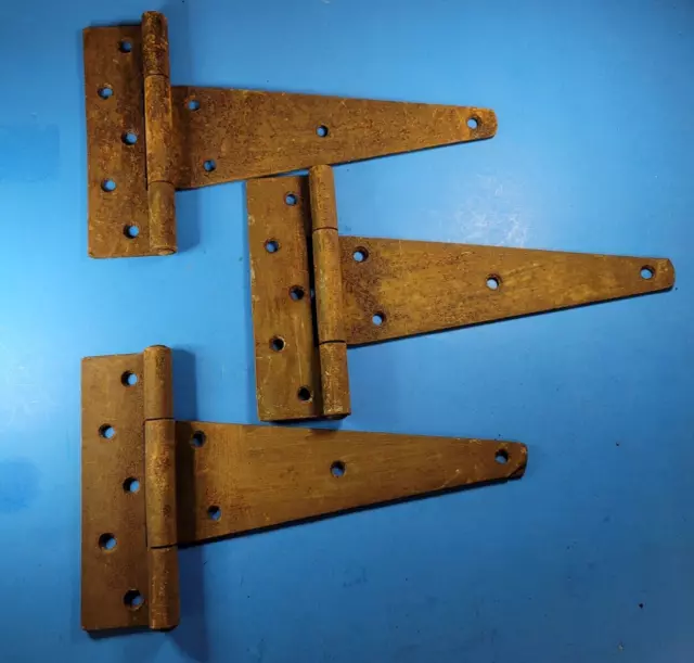 Antique 3 Large Barn Door Hinges Tee T Strap 11 3/4" Long x  7 " Barrel