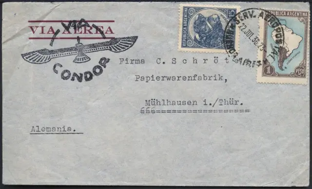 Argentinien 1936 Katapultpost Süd Brief Buenos Aires Lavalle Mühlhausen / 413