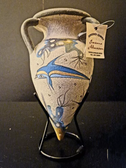 Vase Amphore en Céramique Grec avec Décor Marin, Motif de Dauphin - Blanc, Bleu