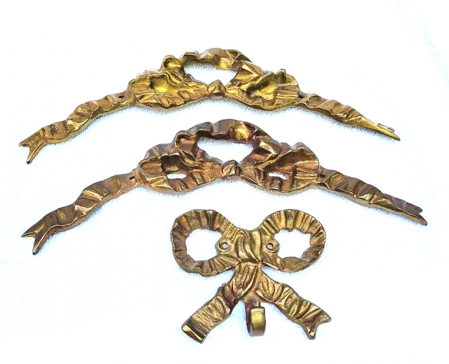 Pair Vintage Solid  Brass French Knot Bow Pediment  with Picture Hook Set