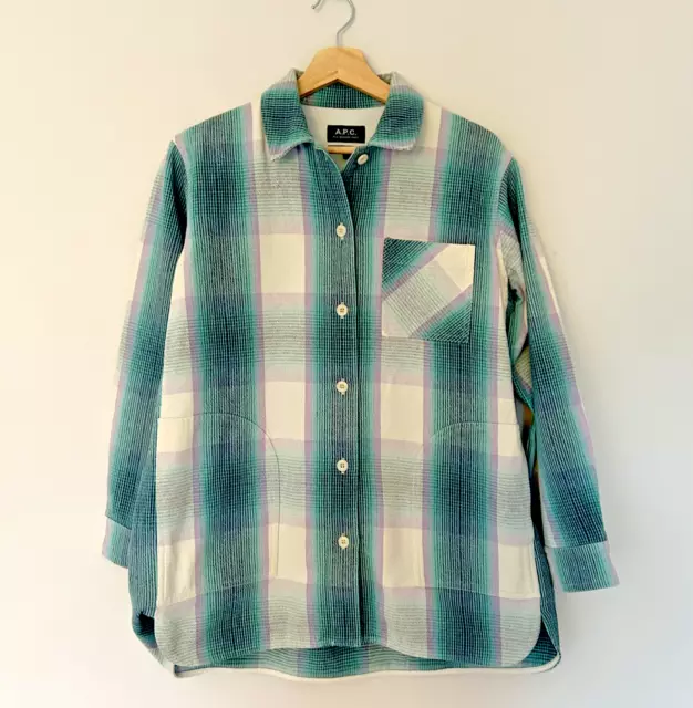 APC Check Jacket Womens Size 38 Green Blue Check Tartan Trucker Shacket Shirt