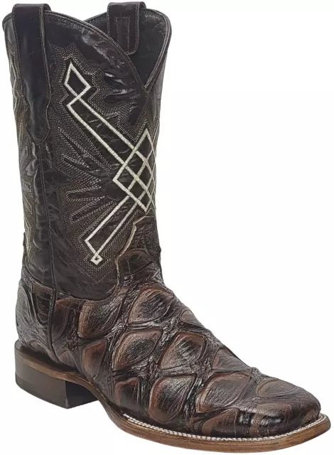 Men Pirarucu Leg Print Leather Western Wide Square Toe Brown Cowboy Boots