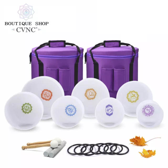 CVNC 432Hz 6-12"  Chakra 7pcs Quartz Crystal Singing Bowl Set Sound Heal Cases