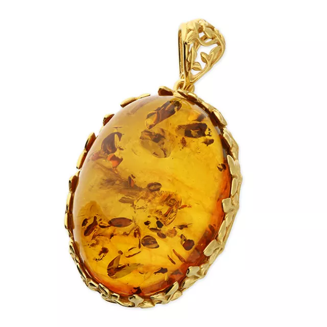 Large Amber Oval Pendant Yellow Gold on Solid Sterling Silver Hallmarked  20"