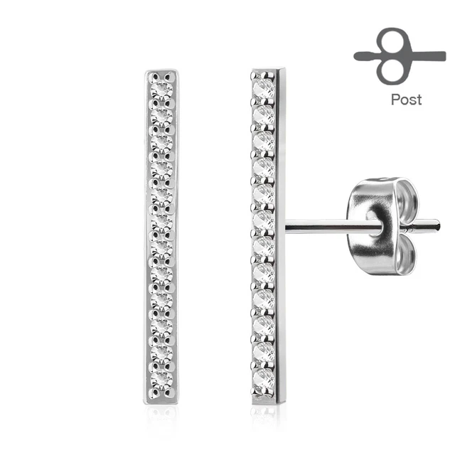 FAMA Micro Paved CZ Set 12mm Long Bar 316L Surgical Steel Earring Studs