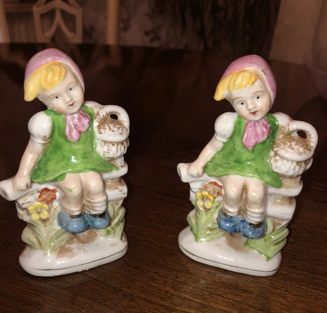 PAIR VINTAGE CERAMIC Girl on bench figurines Made In Occupied Japan 4