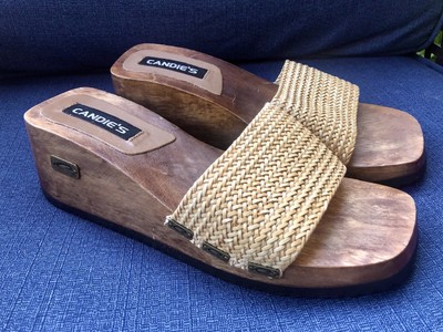 VINTAGE CANDIE'S Y2K Wood Heel Chunky Platform Sandals Sz 9M Leather Clogs Shoes $39.00 - PicClick