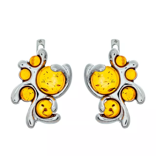 Precious Genuine Baltic Amber Earrings 925 Sterling Silver Cognac Color