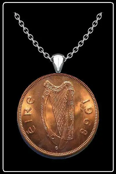 IRISH 2 PENCE Necklace - authentic ireland pingin harp coin pendant jewelry