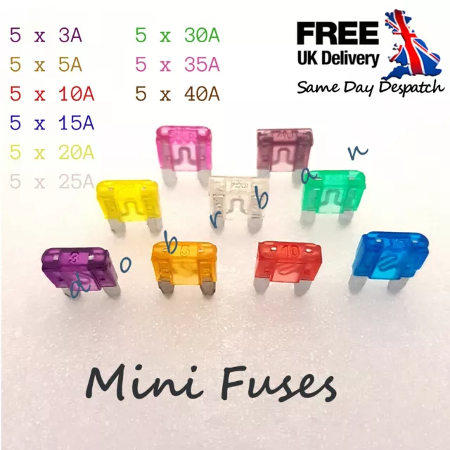 45 x Mini Blade Fuses 3A 5A 10A 15A 20A 25A 30A 35A 40A Car Auto Van Bike