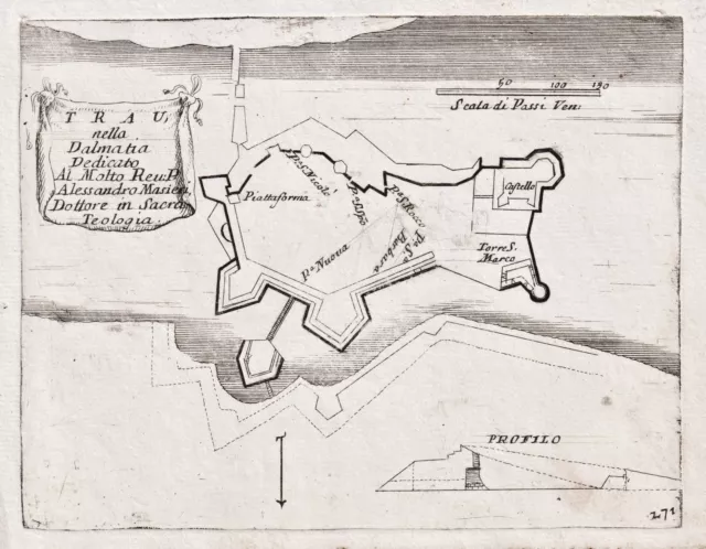 Trogir Trau Croatia Vincenzo Coronelli Engraving Copperplate 1700