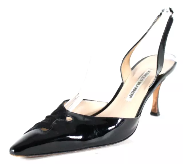 MANOLO BLAHNIK Black Patent Leather & Suede Pointed-Toe High Heels Slingbacks 40