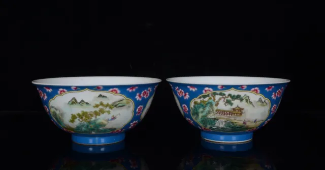 A Pair Chinese Enamel Color Porcelain Hand Painted Poetry Landscape Bowls 9132