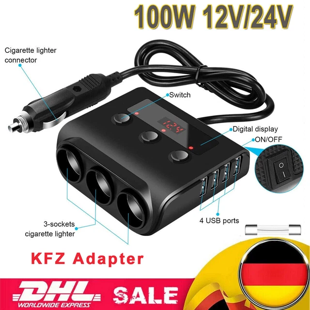 3 Fach Zigarettenanzünder Verteiler 12V/24V 4 USB Steckdose LKW Auto KFZ-Adapter