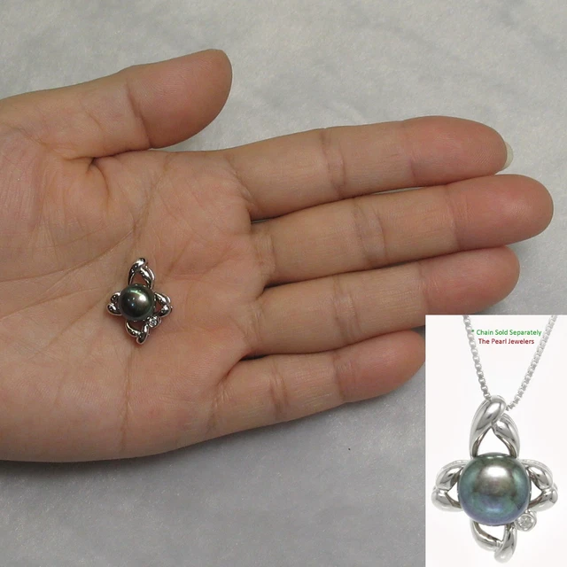 Sterling Silver .925 Flower Design Black Cultured Pearl & C.Z Pendant Necklace
