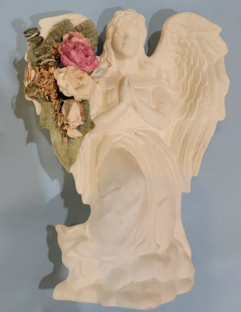 Vintage, Beautiful White Bisque Porcelain Angel Figurine, Pink Roses 9"