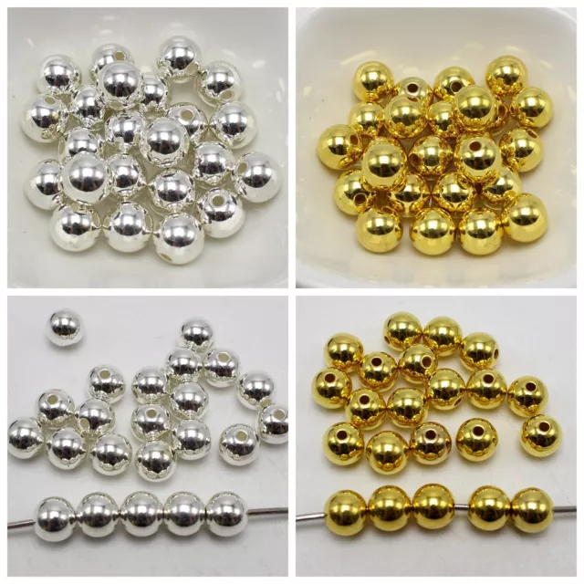 100 Metallic Acrylic Smooth Round Beads 10mm  Spacer Silver Gold Color