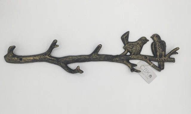 Tree Branch Birds Key Rack Cast Iron Wall Hook Coat Towel Hanger Antiqued Black