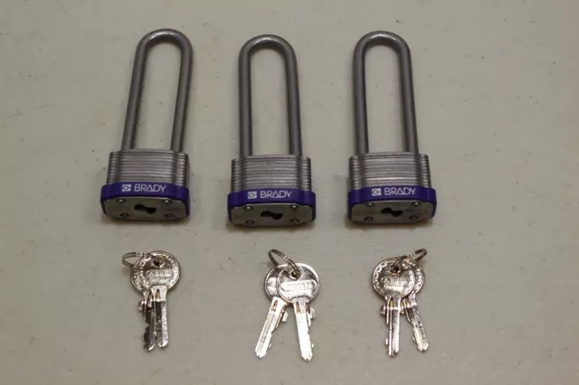 3 Brady made by ABUS lockout tagout padlocks w/2 keys per lock keyed alike