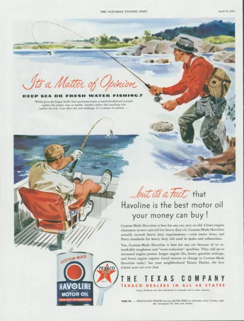 1951 Texaco Havoline Motor Oil Deep Sea Fresh Water Fishing Vtg Print Ad SP16