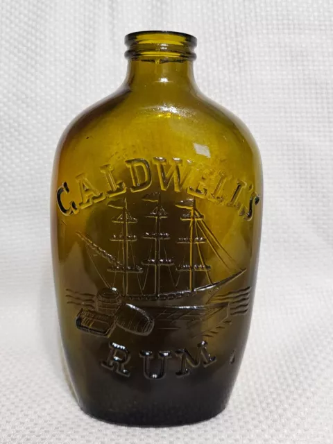 Caldwell's Rum 1 Pint Amber Glass Bottle Liquor Embossed 3 Masted Schooner Kegs