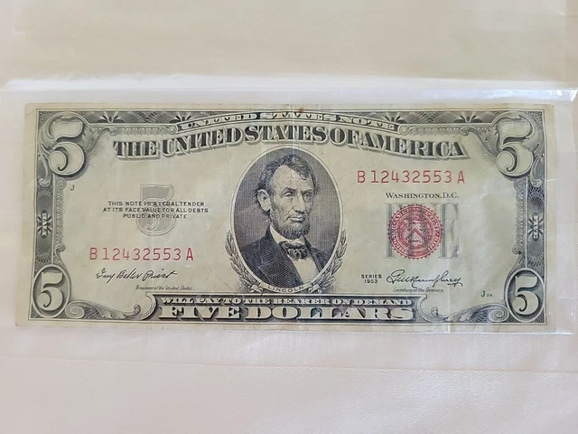 1953 Five Dollar $5 Bill Red Seal Note Currency