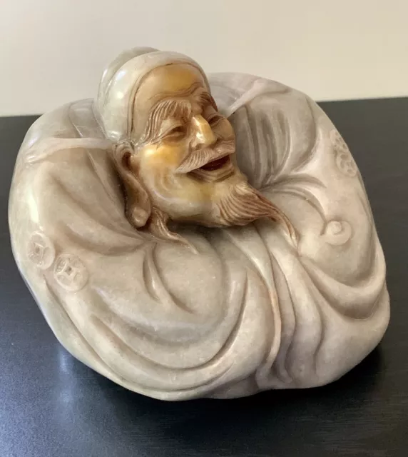 Antique Chinese Hand Carved Smile Old Wise Man Shoushan Stone Figurine