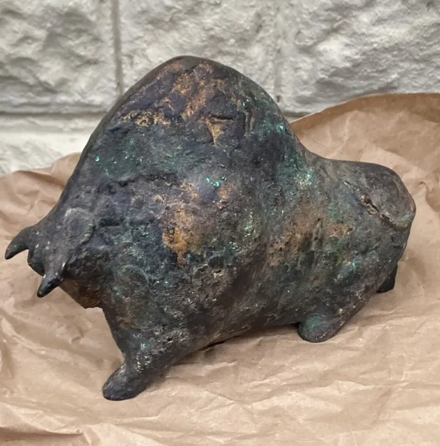 Brutalist Bull Sculpture Cast Iron Mixed Metal Patina Charging Contemporary 7.5”