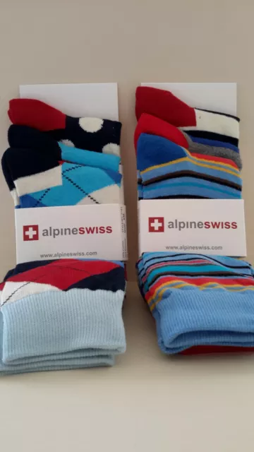 Alpine Swiss Mens 73% Cotton 3 Pack Dress Socks Striped/Argyle Bright Color NWT