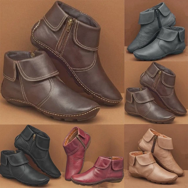 Women PU Ankle Boots Flat Leather Arch Support/Casual-Bootie Shoes Size