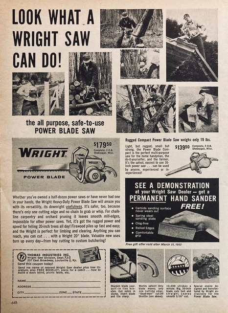 1962 Ad.(Xh59)~Thomas Industries Inc. Louisville, Ky. Wright Power Blade Saw