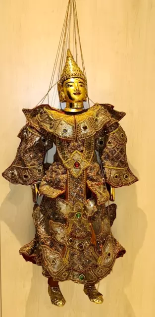 prunkvolle antike Burma Marionette 100 cm große Figur blattvergoldet 5 kg schwer