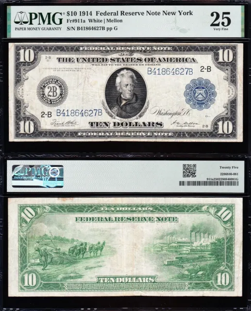 VERY NICE Bold & Crisp VF+ 1914 $10 NEW YORK Federal Reserve Note! PMG 25! 64627