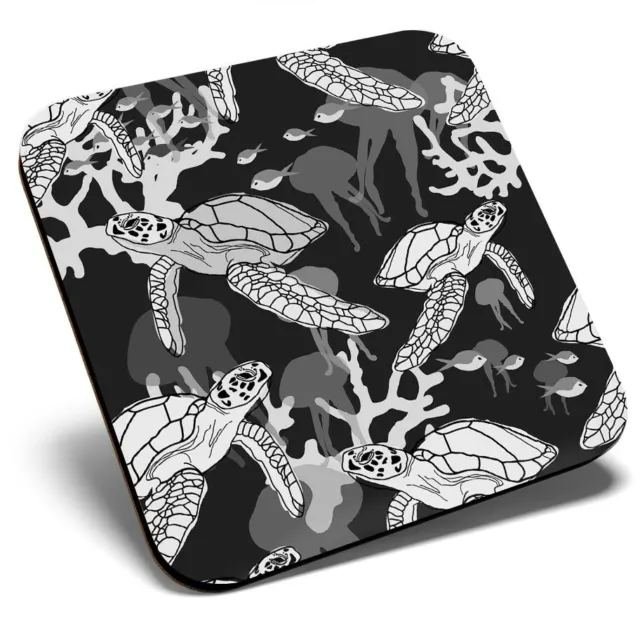 Square Single Coaster bw - Sea Turtle Coral Reef Pattern  #36344